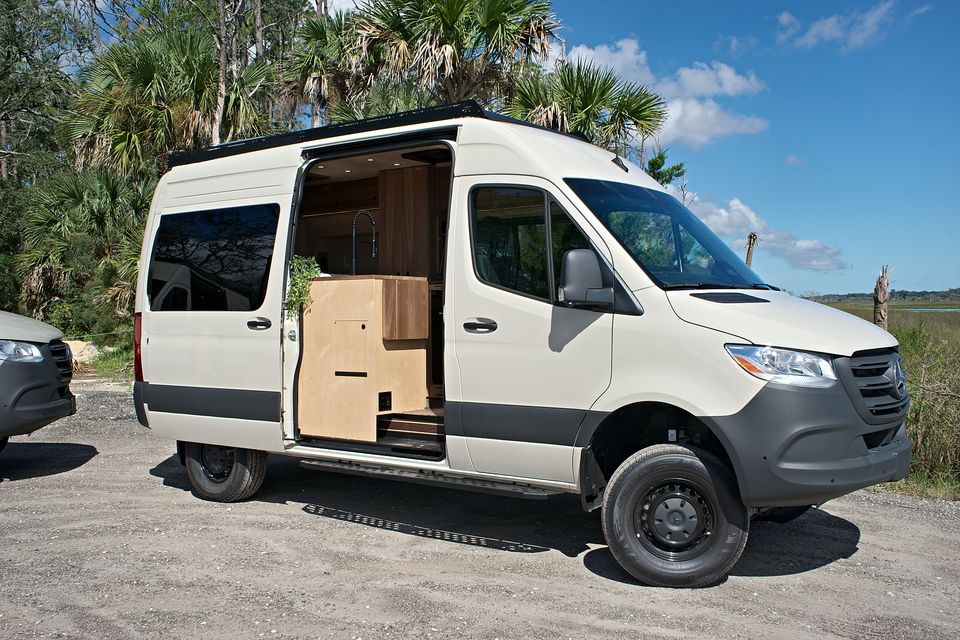 Koa, a 2026 Drifter, with its sliding door open to the galley